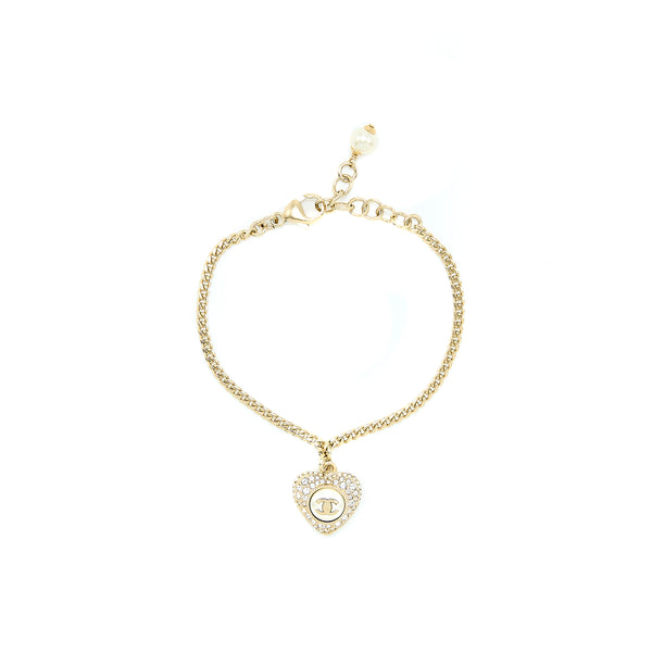 Chanel Heart Pearl Bracelet With CC logo Crystal Light Gold Tone