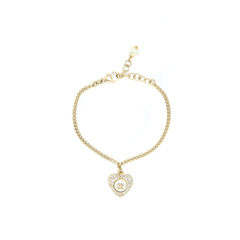 Chanel Heart Pearl Bracelet With CC logo Crystal Light Gold Tone