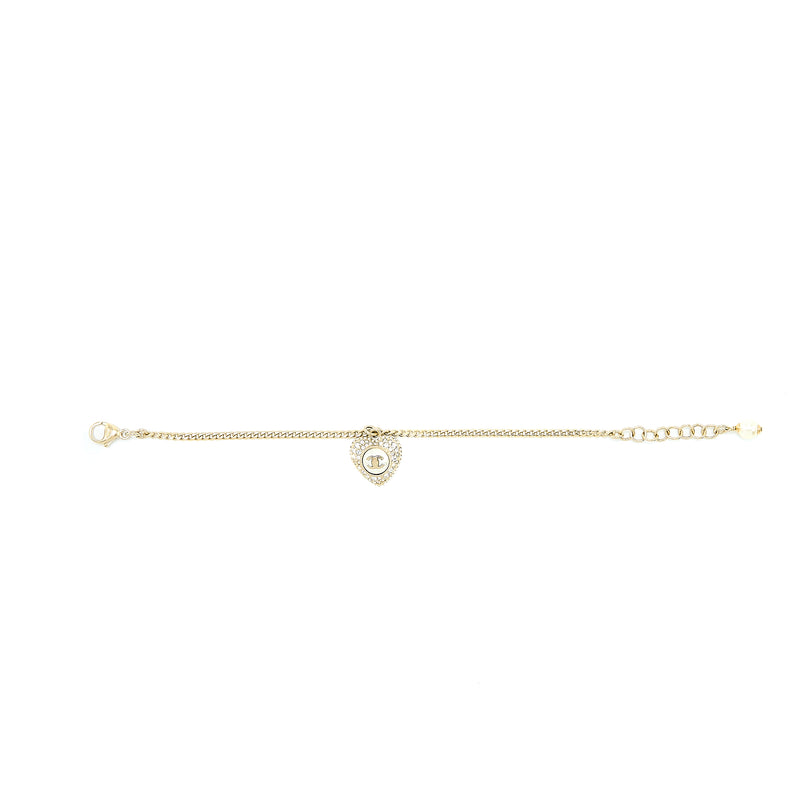 Chanel Heart Pearl Bracelet With CC logo Crystal Light Gold Tone