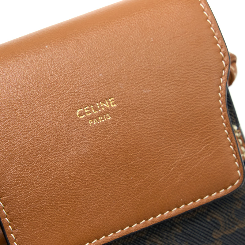 Celine Phone Pouch With Flap In Triomphe Canvas And Lambskin Tan