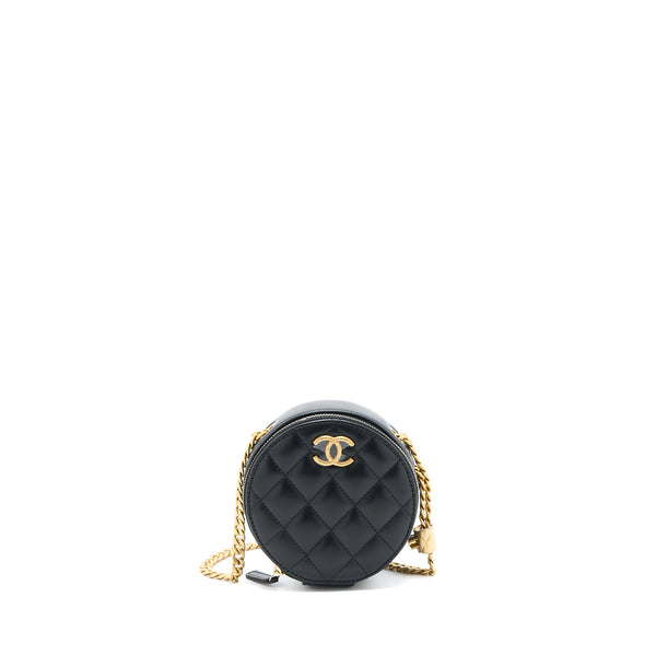 Chanel 22K Gold Pillar Round Clutch With Chain Lambskin Black Brushed GHW