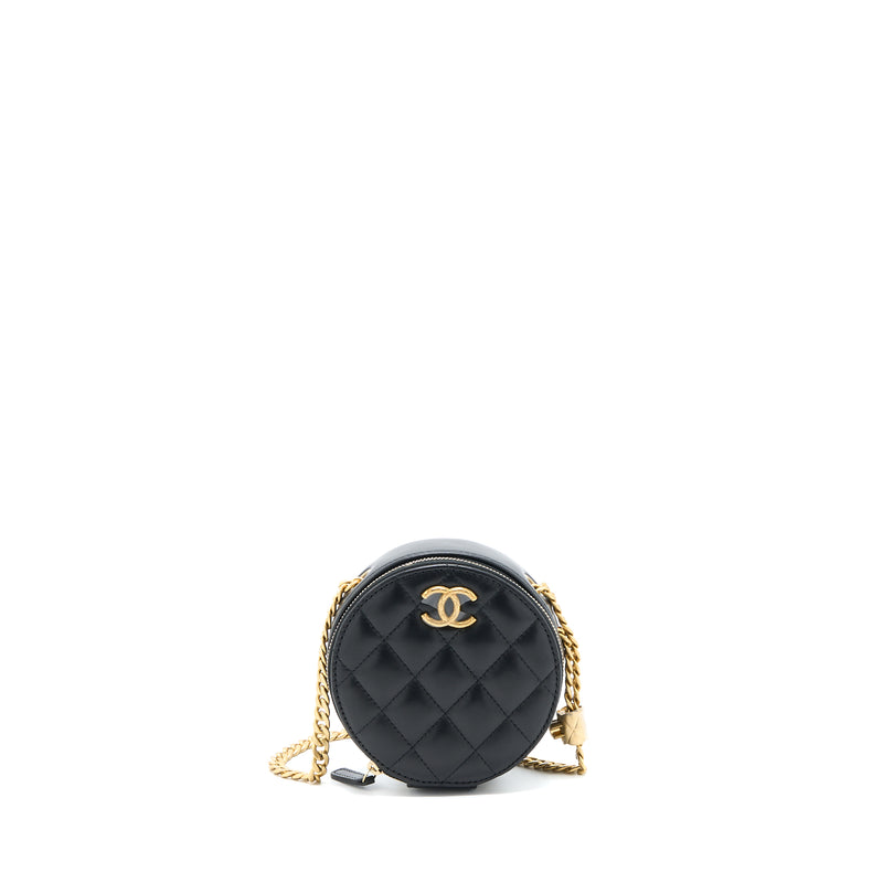 Chanel 22K Gold Pillar Round Clutch With Chain Lambskin Black Brushed GHW