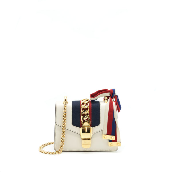 GUCCI SYLVIE MINI LEATHER CHAIN BAG IN WHITE GHW