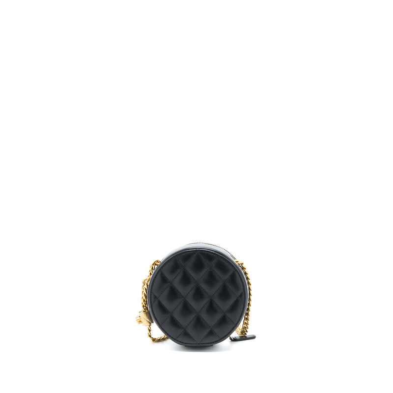 Chanel 22K Gold Pillar Round Clutch With Chain Lambskin Black Brushed GHW