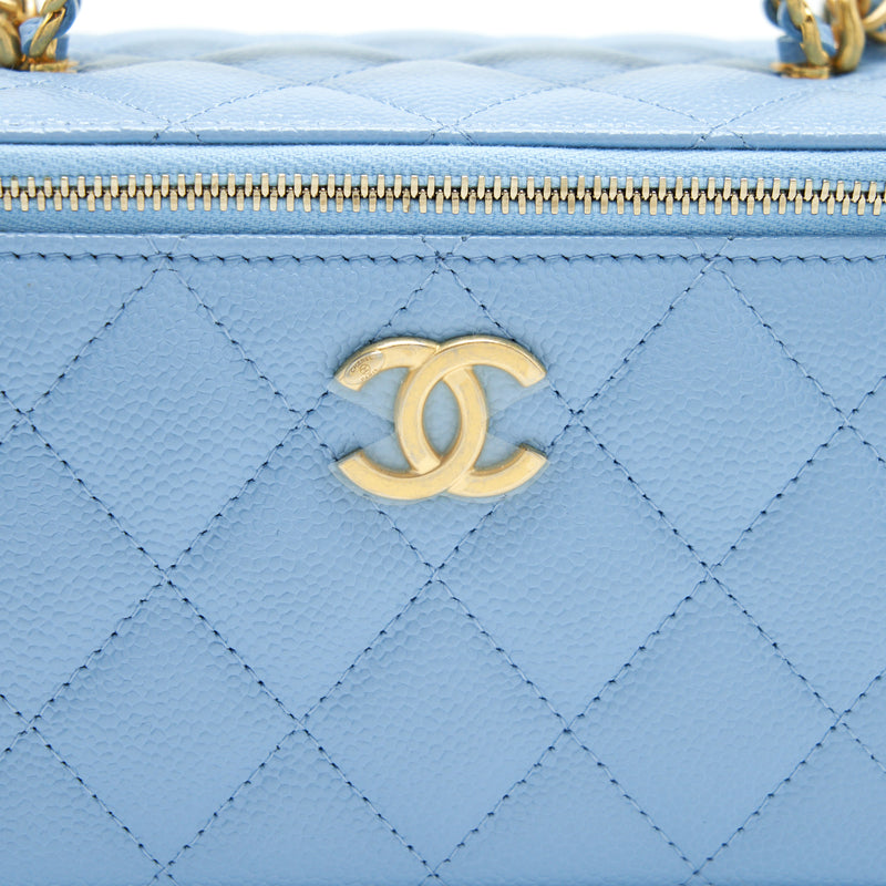 Chanel 22S Letter Logo Top Handle Long Vanity With Chain Caviar Light Blue GHW