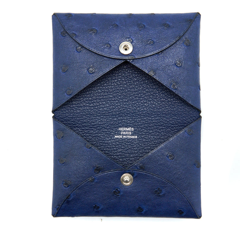 Hermes Calvi Card Holder Ostrich Blue SHW Stamp D