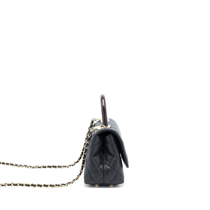 Chanel Mini Coco Handle Bag With Dark Red Handle Caviar Black LGHW(Microchip)