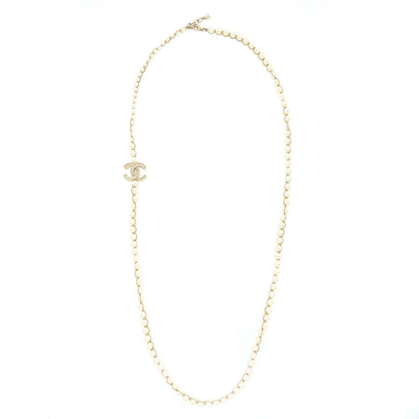 Chanel CC Logo Long Necklace Pearl Brushed Light Gold Tone