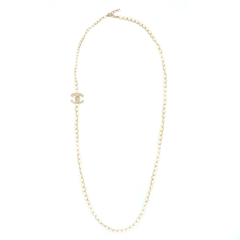 Chanel CC Logo Long Necklace Pearl Brushed Light Gold Tone