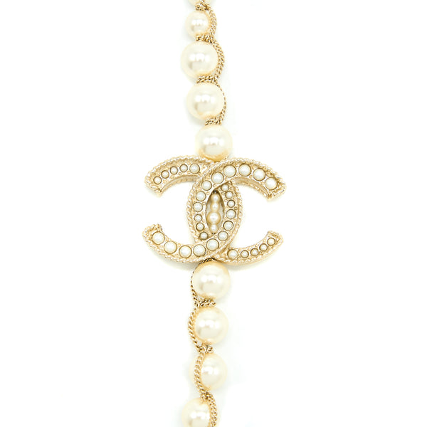 Chanel CC Logo Long Necklace Pearl Brushed Light Gold Tone