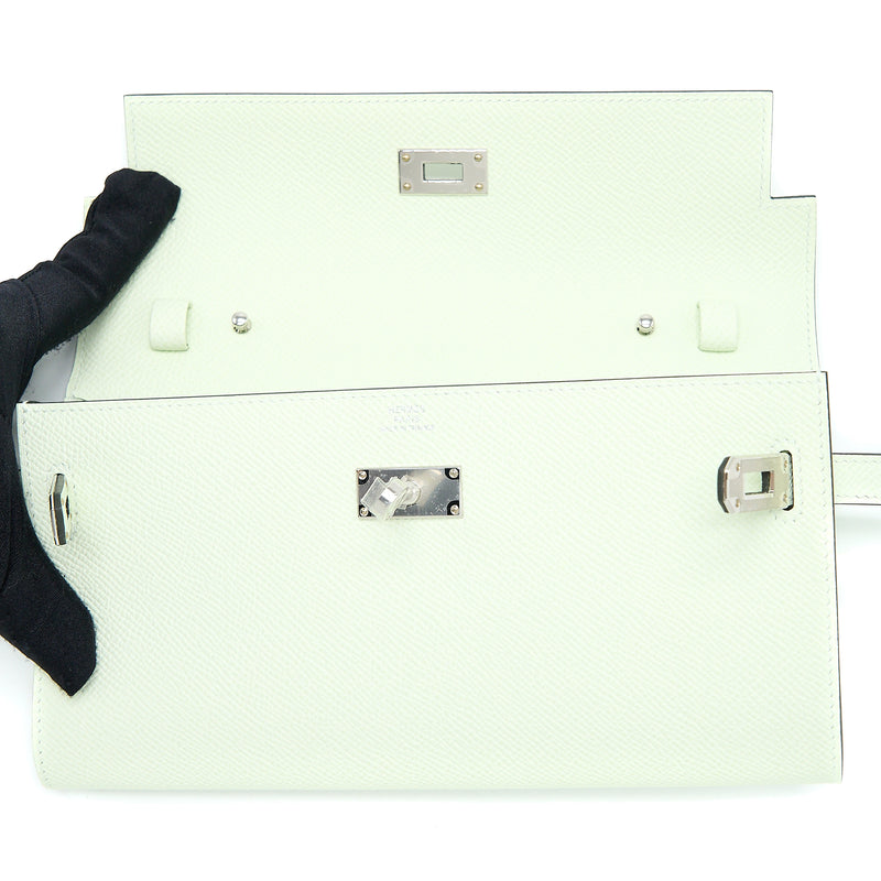 Hermes Kelly pochette Vert fizz Swift leather Silver hardware