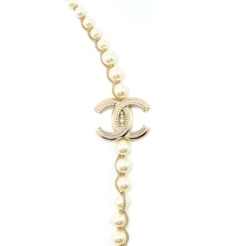 Chanel CC Logo Long Necklace Pearl Brushed Light Gold Tone