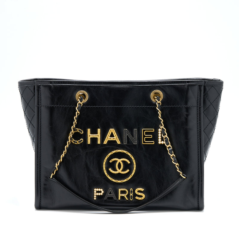 Chanel Deauville Tote Bag Calfskin Black With Detail Logo GHW