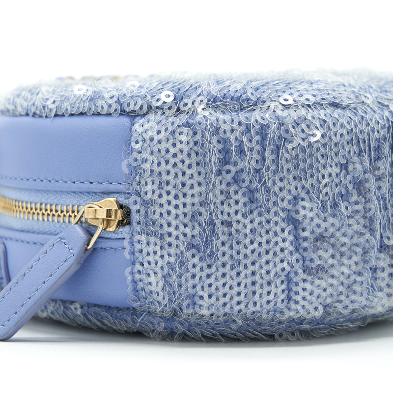 Chanel 19 Round Clutch With Chains Sequins Light Blue Multicolour Hardware