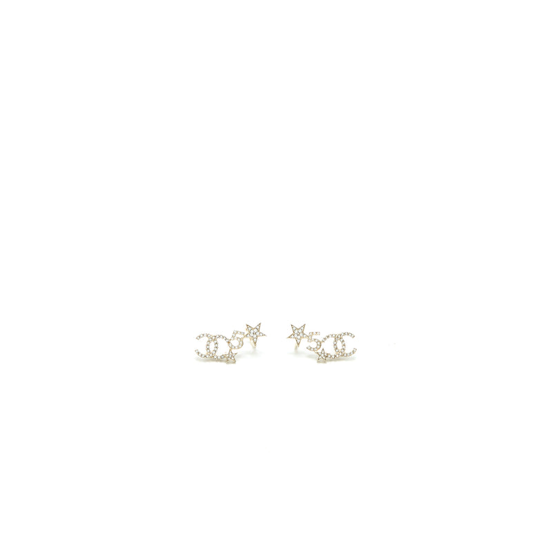 Chanel CC Logo No.5 Star Earrings Crystal Light Gold Tone