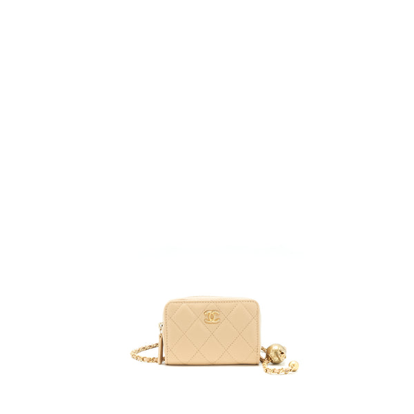 Chanel 22C Pearl Crush Card Holder With Chain Beige GHW