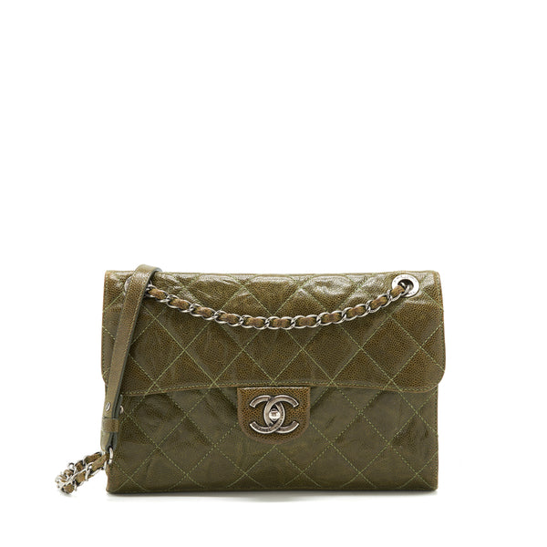 Chanel Quilted Grained Calfskin Bag Olive Green Ruthenium Hardware