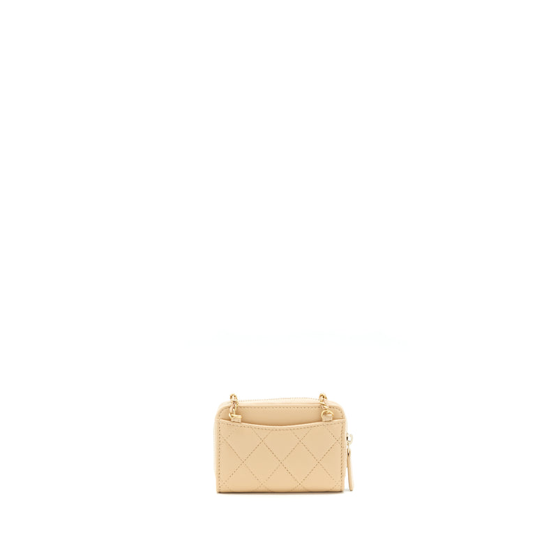 Chanel 22C Pearl Crush Card Holder With Chain Beige GHW