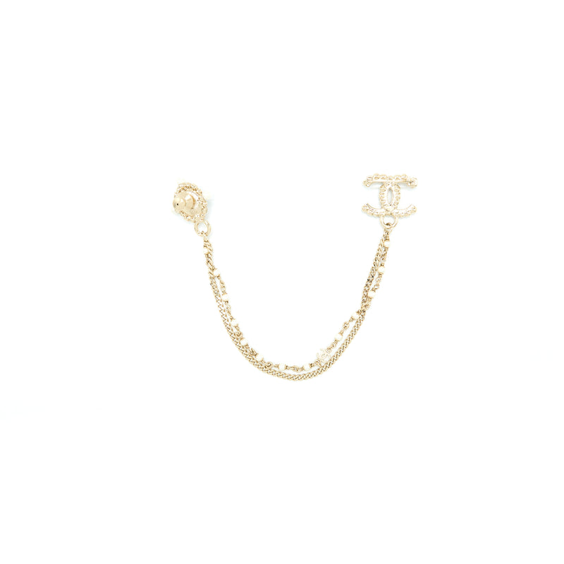 Chanel CC Logo Chain Brooch Crystal Light Gold Tone