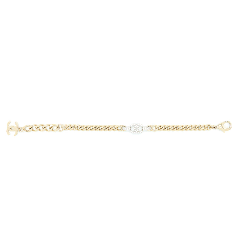 Chanel CC Logo Chain Vu Bracelet Crystal Light Gold Tone