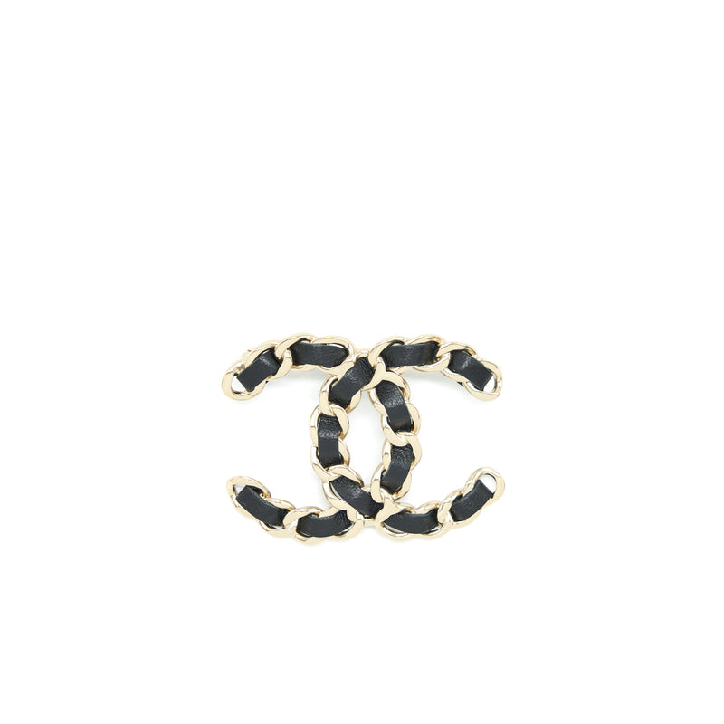 Chanel CC Logo Leather Chain Brooch Black And Light Gold Tone