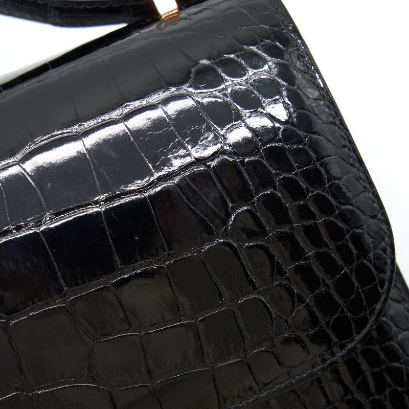 Hermes Mini Constance Alligator Mississipplensis Black RGHW Stamp A
