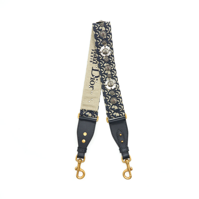 Dior Shoulder strap Blue Oblique Embroidery with Metal Medallions
