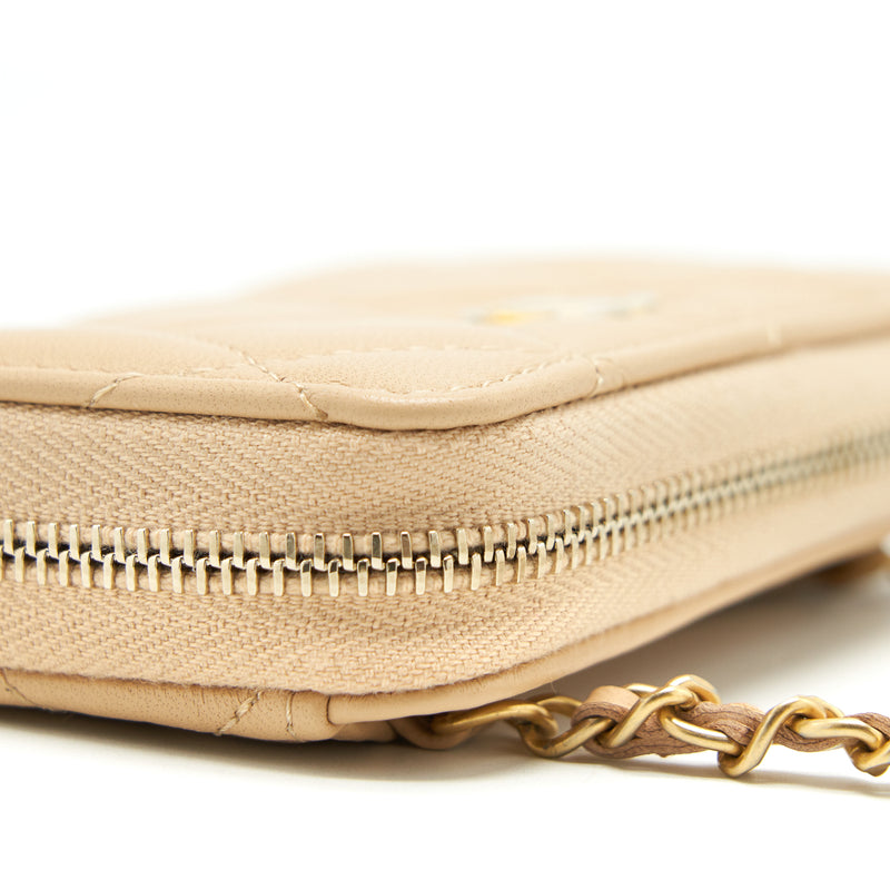 Chanel 22C Pearl Crush Card Holder With Chain Beige GHW