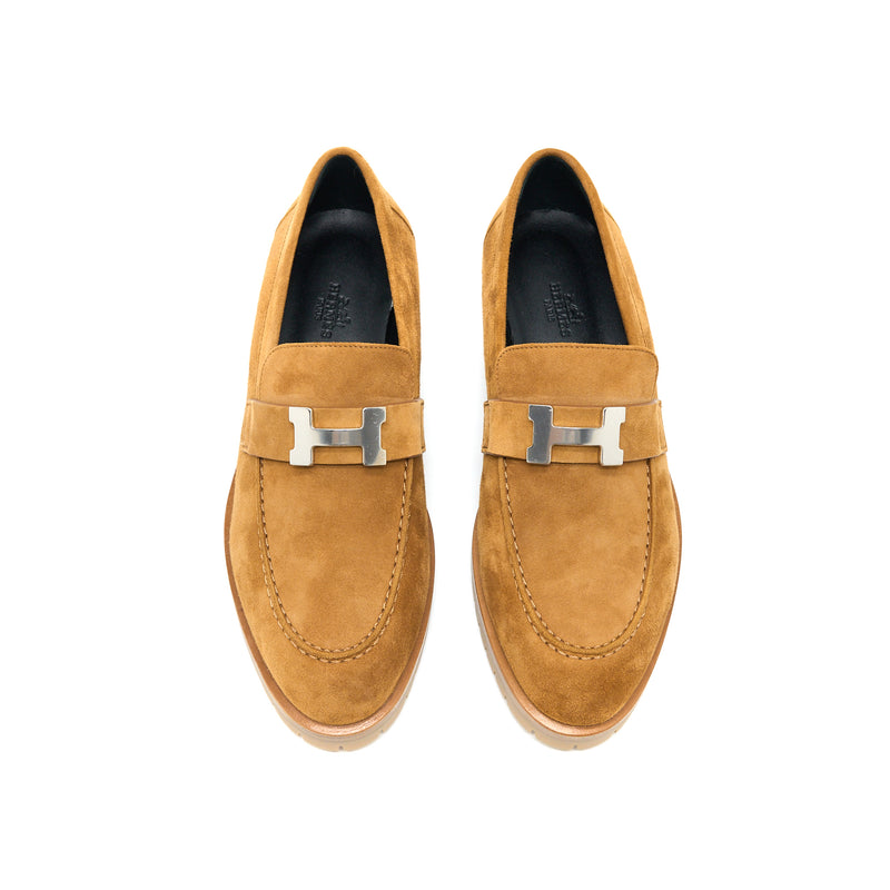 Hermes Size 37.5 Faubourg Loafer Suede Goatskin Natural SHW