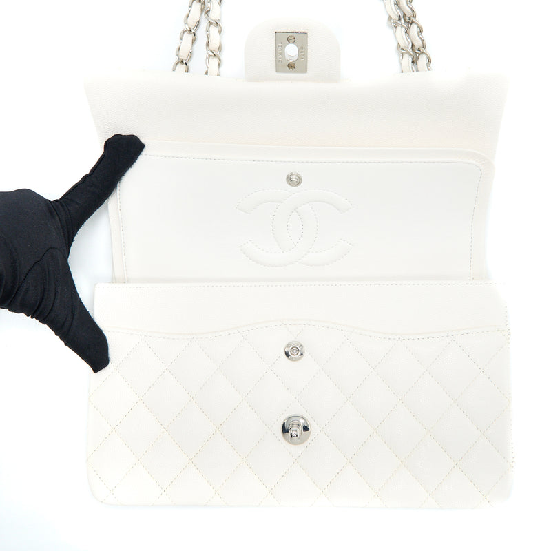 Chanel Medium Classic Double Flap Bag Caviar White SHW (Microchip)