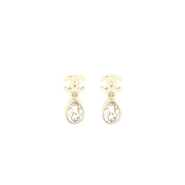 Chanel CC And Crystal Drop Earrings Light Gold Tone