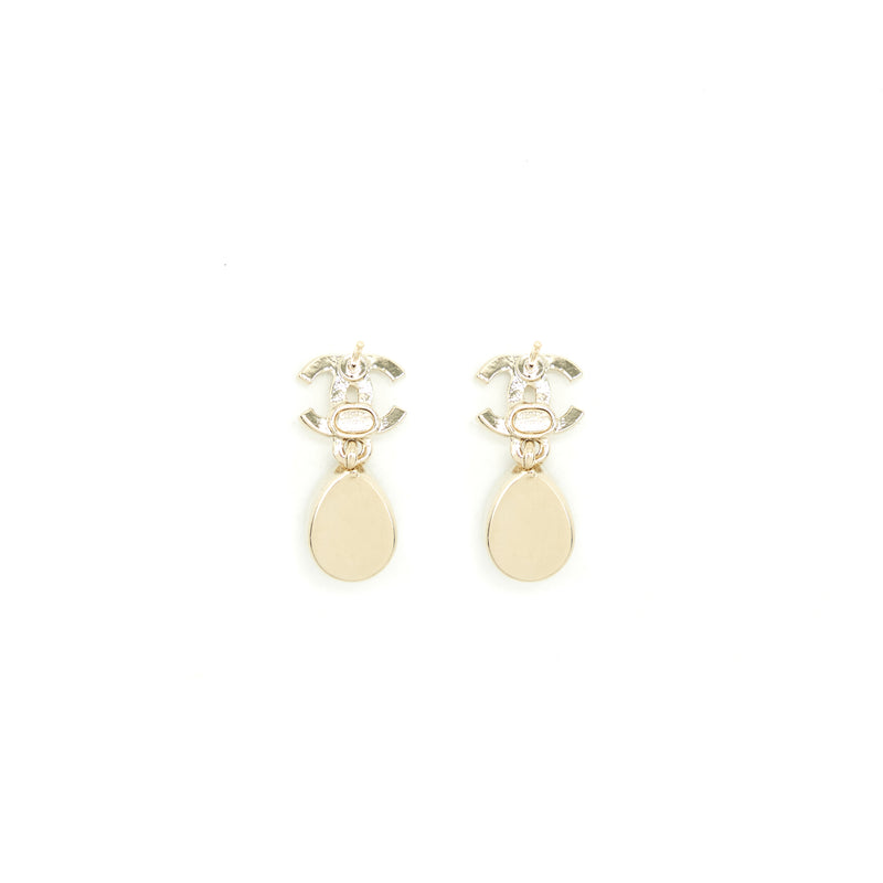 Chanel CC And Crystal Drop Earrings Light Gold Tone