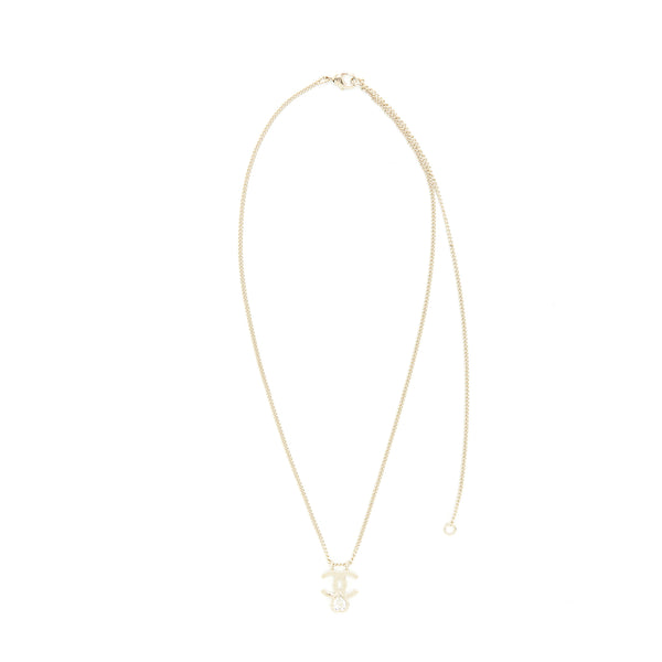 Chanel CC Logo And Crystal Necklace Light Gold Tone