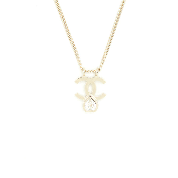 Chanel CC Logo And Crystal Necklace Light Gold Tone