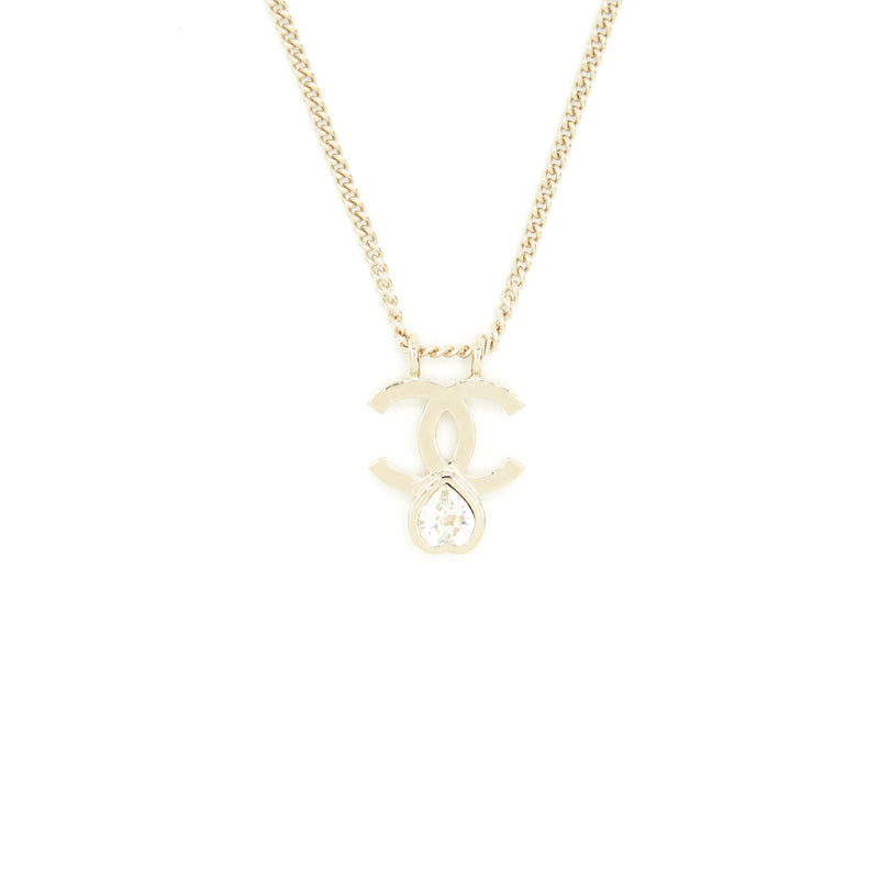 Chanel CC Logo And Crystal Necklace Light Gold Tone