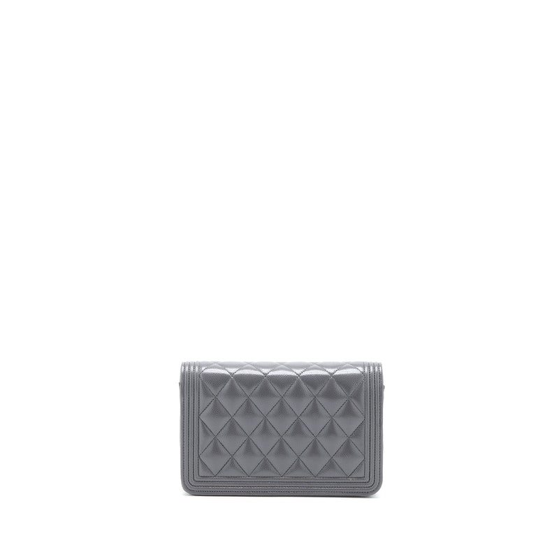 Chanel 22A Boy Wallet On Chain Grained Calfskin Dark Grey Brushed GHW