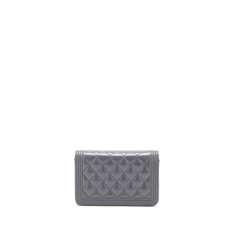 Chanel 22A Boy Wallet On Chain Grained Calfskin Dark Grey Brushed GHW (Microchip)