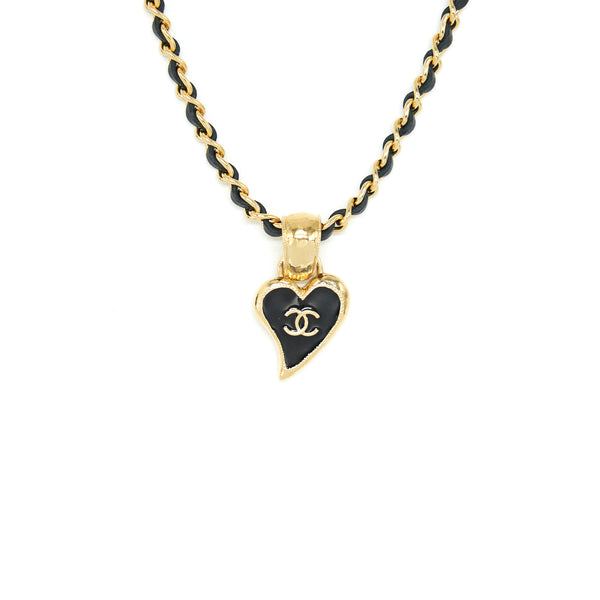 Chanel Leather Chain Necklace Black With Heart CC Pendant GHW