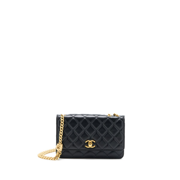 Chanel 22K Gold Pillar Wallet On Chain Lambskin Black Brushed GHW (Microchip)