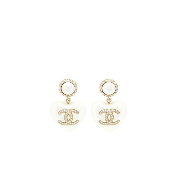 Chanel Heart Pearl Crystals CC Logo Earrings LGHW