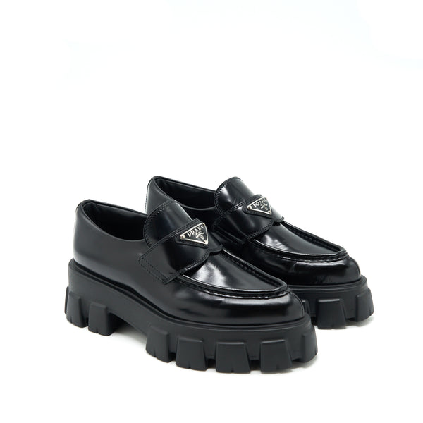 Prada Size 37 Monolith Brushed Leather Pointed Loafers Black