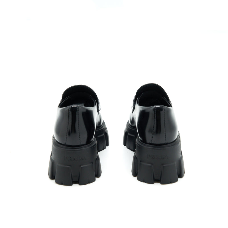 Prada Size 37 Monolith Brushed Leather Pointed Loafers Black