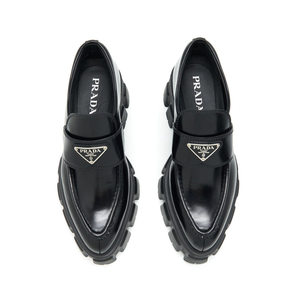 Prada Size 37 Monolith Brushed Leather Pointed Loafers Black