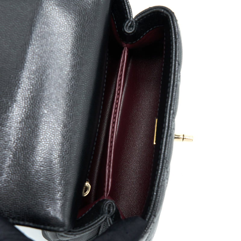 Chanel Mini Coco Handle Bag With Dark Red Handle Caviar Black LGHW(Microchip)