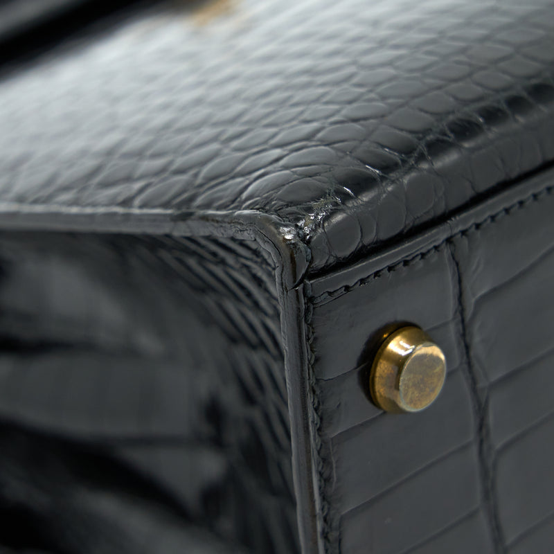 Hermes Vintage Kelly 28 Alligator Black GHW Stamp Circle L