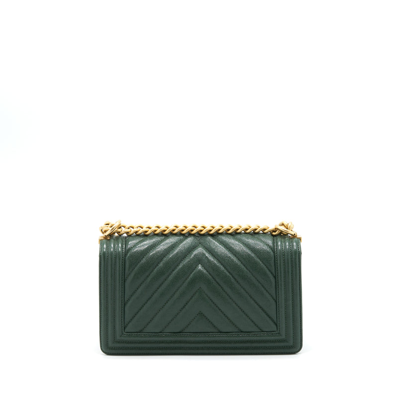 Chanel Chevron Medium Boy Bag Caviar Green Brushed GHW