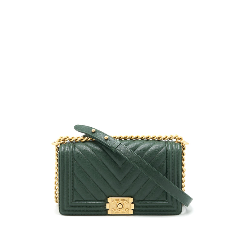 Chanel Chevron Medium Boy Bag Caviar Green Brushed GHW