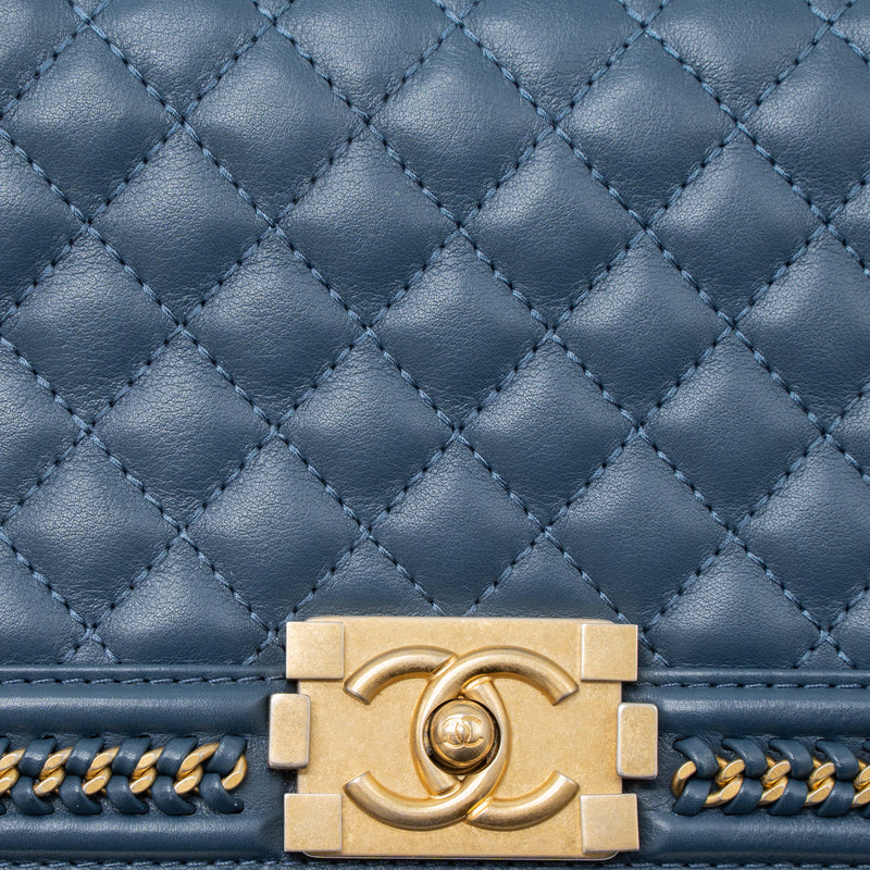 Chanel Top Handle Boy Bag Lambskin Dark Blue Brushed GHW