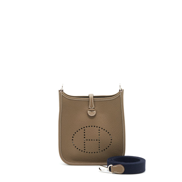 Hermes Mini Evelyne Clemence Etoupe / Blue Indigo SHW Stamp Z