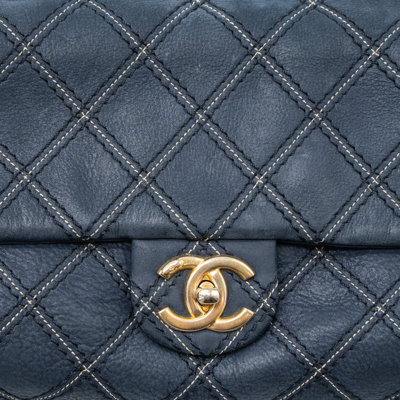 Chanel Quilted Flap Bag Calfskin Iridescent Dark Blue Brushed GHW